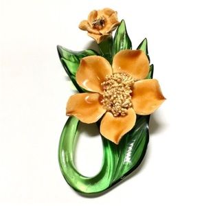 Elzac California 1940’s Huge RARE Lucite/Ceramic Flower Green Orange Brooch